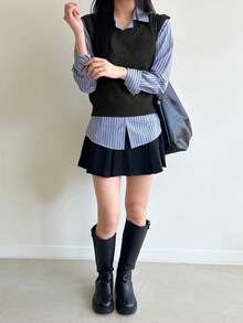 DAZY 法式学院风修身女士秋冬针织背心 - 黑色 - 查看 3