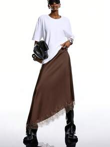 LYSMO 2025新款极简主义冬季女士棕色纯色不对称下摆撞色蕾丝优雅半身裙，缎面面料，饰以蕾丝，棕色，适合外出、派对、圣诞派对、新年派对、夏季等场合，优雅迷人。 - 咖啡棕 - 查看 1