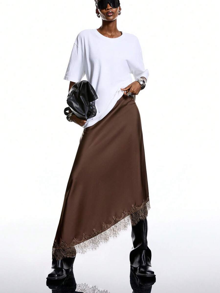 LYSMO 2025新款极简主义冬季女士棕色纯色不对称下摆撞色蕾丝优雅半身裙，缎面面料，饰以蕾丝，棕色，适合外出、派对、圣诞派对、新年派对、夏季等场合，优雅迷人。 - 咖啡棕 - 查看 1