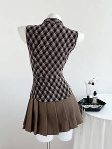 Elamini Brown Plaid Chenille Fabric Stand Collar Buttoned Waist Sleeveless Tank Top For Women, Autumn/Winter , Fashion, Commute, Retro, Teacher, Graduation, Back To School, Date, Elegant, Minimalist, Versatile - Brown - View 2