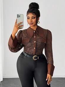 Maweii بلوزة كبيرة الحجم ذات أكمام طويلة مزينة بالدانتيل، أنيقة وجذابة، مصممة بطريقة متناسقة لإبراز الخصر - بني - مشاهدة 4