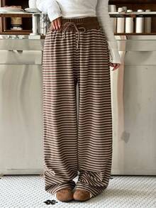 Muchica Women's Brown Striped Knit Casual Loose Sweatpants For Going Out Outfits, Back To School, Streetwear, Stripe Pants, Women Wide Leg Pants - Brown - View 4