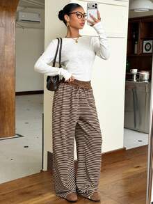Muchica Women's Brown Striped Knit Casual Loose Sweatpants For Going Out Outfits, Back To School, Streetwear, Stripe Pants, Women Wide Leg Pants - Brown - View 6