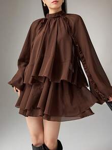 Heiryn New Spring And Summer Casual And Elegant Commuting, Daily Dates, Birthday Parties, Office Wear, Simple And Modern Urban Intellectual Style, Sweet And Cute Black Ear Fringe, Small Stand-Up Collar, Shoulder Sleeve, Bubble Long Sleeve, Ruffled Trim, Multi-Layer Cake Skirt, A-Line Skirt, Loose Fit, 2 In 1, Brown Chiffon Women's Short Dress Chocolate Brown Dress Coffee Brown Dress Layered Dress  Brown Dress - Brown - View 4