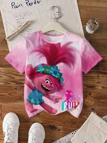 SHEIN Trolls Tween Girls' Casual Vacation & Everyday Wear Cute Cartoon Letter Ombre Print Short Sleeve T-Shirt - White - View 1