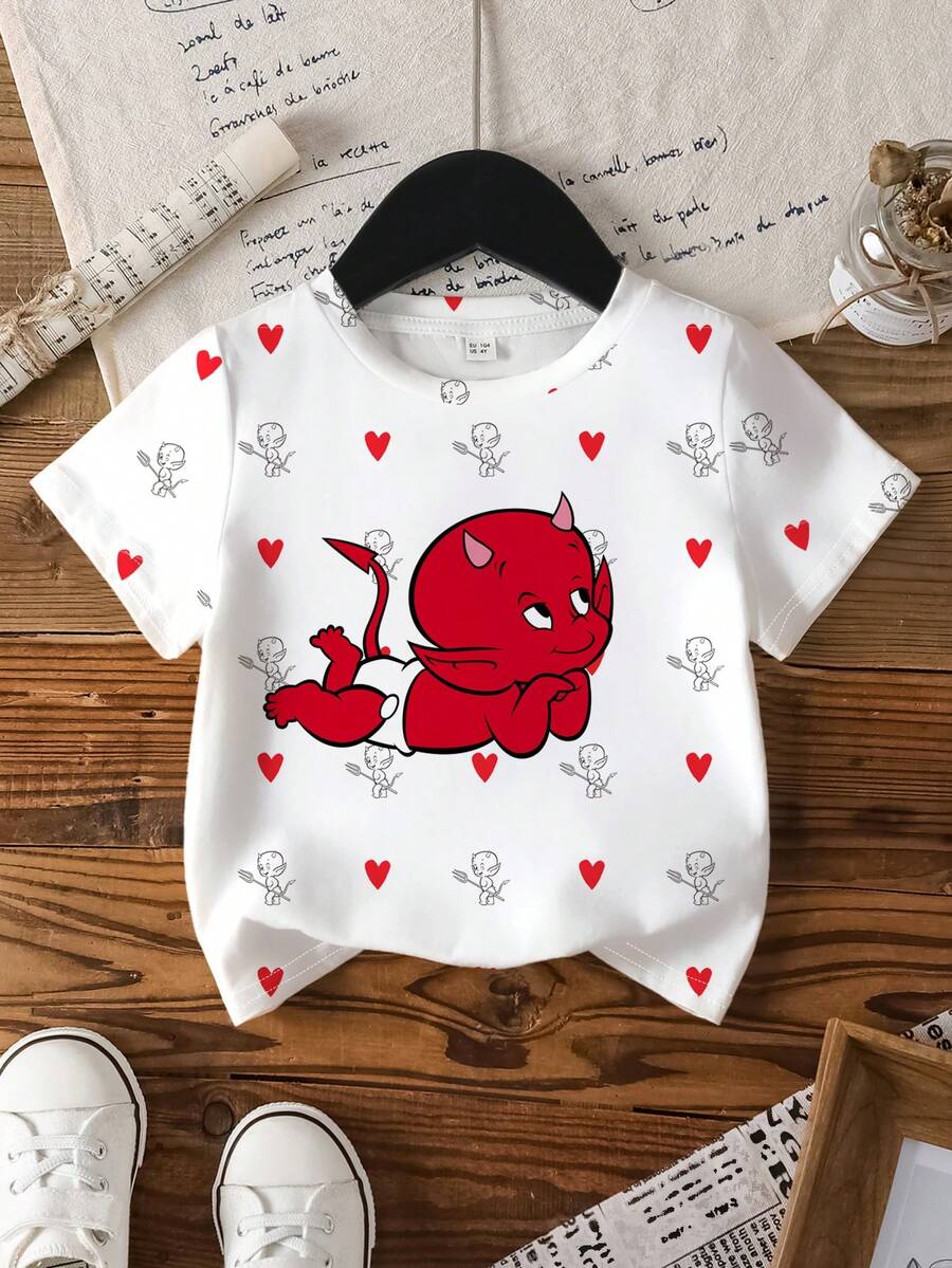 SHEIN HOT STUFF Young Girl Summer Casual Heart & Devil Pattern Round Neck Short Sleeve T-Shirt - White - View 1