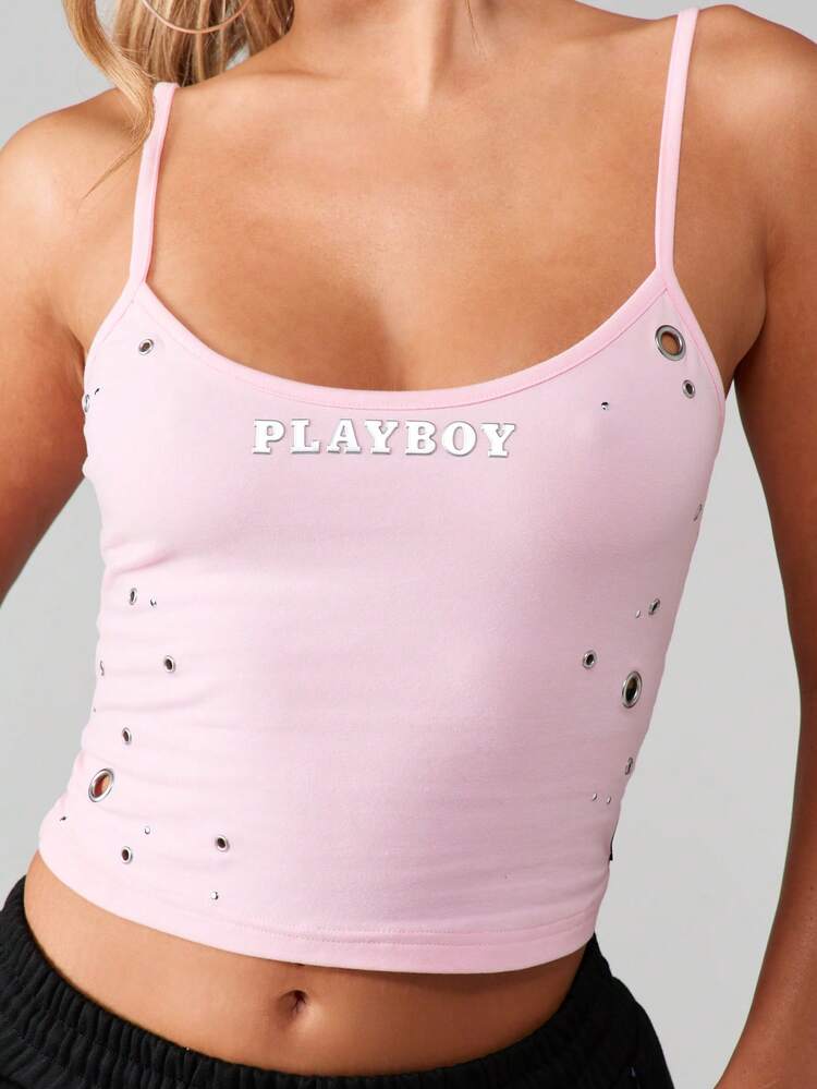 Missguided x Playboy Distressed Letter Print Tank Top With Metal Eyelet Details Crop Fitted Summer Cami Top