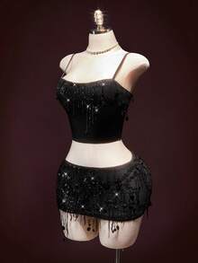 SHEIN ICON 2件套 女士修身亮片拼接流苏露脐上衣和迷你裙 - 黑色 - 查看 1