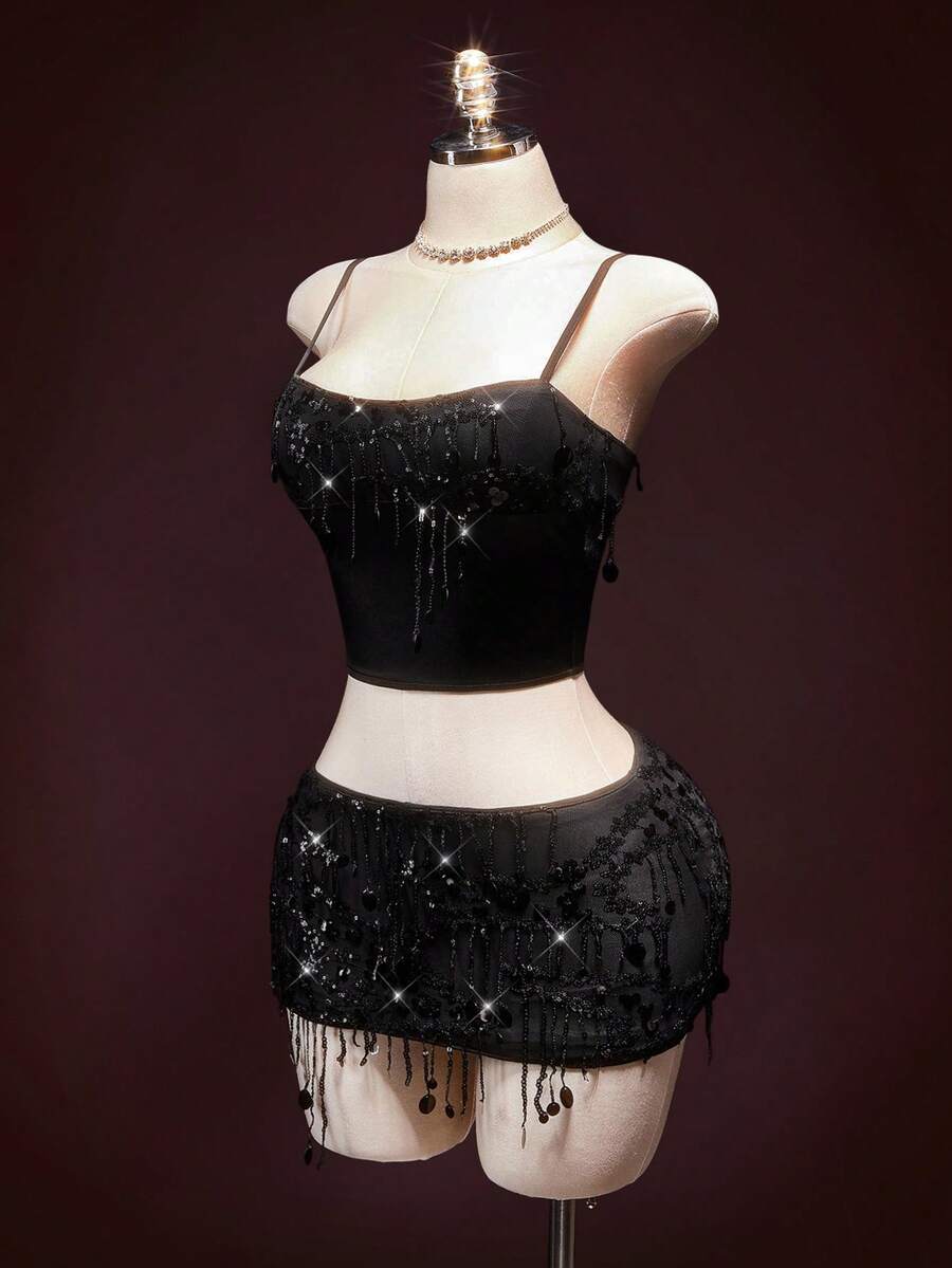 SHEIN ICON 2件套 女士修身亮片拼接流苏露脐上衣和迷你裙 - 黑色 - 查看 1