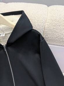 SHEIN Teen Girls Black Fuzzy Hooded Sweatshirt, Thermal Lined Jacket Autumn Winter Clothes For Girl Essentials Hoodie - Black - View 4