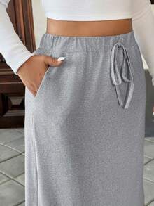 Easura Chân váy chữ A màu trơn cạp chun thường ngày cỡ lớn dành cho nữ, thích hợp mặc hàng ngày, đi nghỉ, đi biển, mùa xuân/hè - Xám - Xem 1