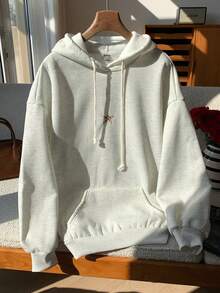 SHEIN EZwear 女士休闲纯色针织连帽衫，背面有星星刺绣，秋冬宽松长袖运动衫 - 淺灰色 - 查看 2