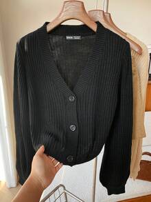 Comfortcana Cárdigan de punto acanalado con botones, cuello en V, mangas largas, suelto y casual, para otoño e invierno - Negro - Ver 6