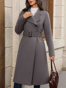 EMERY ROSE Women's Front Button Notched Collar Long Sleeve Maxi Overcoat, Fashionable & Versatile - Dark Grey - View 6