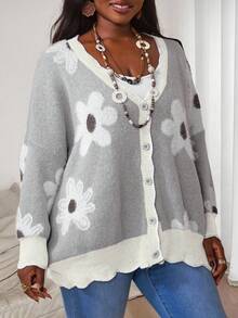 SHEIN CURVE+ Áo len cardigan dệt kim họa tiết hoa 3D cỡ lớn dành cho nữ, Bộ đồ mùa thu, Áo mùa thu, Áo len cardigan dệt kim mùa đông/Mùa thu/Mùa đông - Màu be - Xem 4