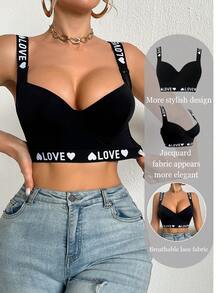 DesireSculpt Sujetador inalámbrico con estampado de letras LOVE, con soporte y moldeado - Negro - Ver 1