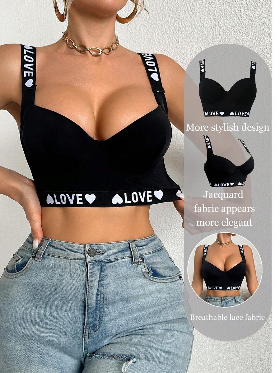 DesireSculpt Sujetador inalámbrico con estampado de letras LOVE, con soporte y moldeado - Negro - Ver 1