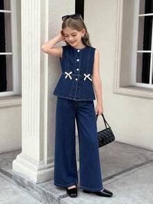 Elladie kids 少女Y2K风格两件套，少女牛仔套装 - 复古深蓝色牛仔短款蝴蝶结背心搭配复古深蓝色宽松直筒牛仔裤，时尚休闲装扮 - 深色水洗藍 - 查看 1