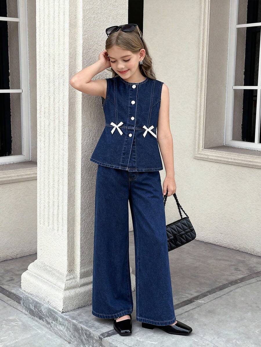 Elladie kids 少女Y2K风格两件套，少女牛仔套装 - 复古深蓝色牛仔短款蝴蝶结背心搭配复古深蓝色宽松直筒牛仔裤，时尚休闲装扮 - 深色水洗藍 - 查看 1