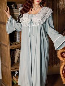 PalaceNights Embroidered Lace Vintage Palace Style Plus Size Long Nightgown + Robe Set, Winter - Green - View 6