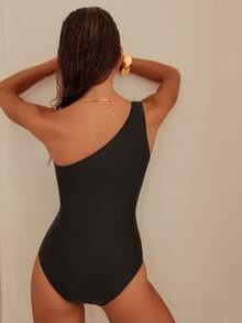 SHEIN Swim Summer Beach Women's Fashionable Ruffled Asymmetrical Shoulder One-Piece Swimsuit