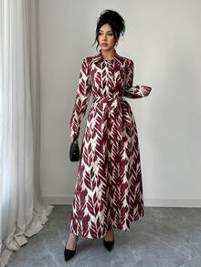 Elenzga 时尚通勤棕色印花长裙 - 棕色 - 查看 4