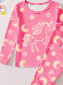 1set Snug Fit Young Girls Glow In Dark Loungewear - Pink Unicorn Star Moon Glow In Dark Loungewear Set Unicorn Star Moon Glow Print Design Pink Dreamy Color Round Neck Long Sleeve Top Pants Glow 2-Piece Set Social Media Style Dreamy 2026 New Year Holiday Essential Young Girls Unicorn Star Moon Glow In Dark Loungewear Set .This Product Requires UV Light Exposure To Glow. Unicorn Clothes For Girls - Pink - View 5