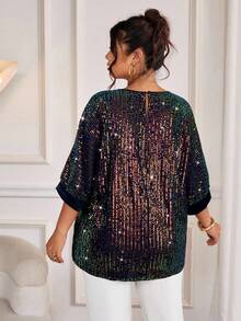 Cravure Plus Size Sequin Patchwork Satin Round Neck 3/4 Sleeve Loose Casual Blouse, Suitable For Outing, Party, Gathering - Multicolor - View 2