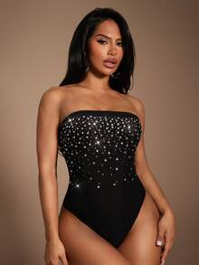Radiana Women's Sexy Elegant Luxurious Black Mesh Crystal Bodysuit, Off-Shoulder Tight Fit Rhinestone Bodysuit, Party Top, Suitable For Ball, Valentine's Day, Music Festival, Concert, Gala, Formal Event, Dignified, Distinctive, Holiday, Date Night, Gathering, Birthday, Singles Party, Cocktail Party Black Rhinestone Bodysuit,Valentine's Day,Date Night,New Year's Eve ,Party