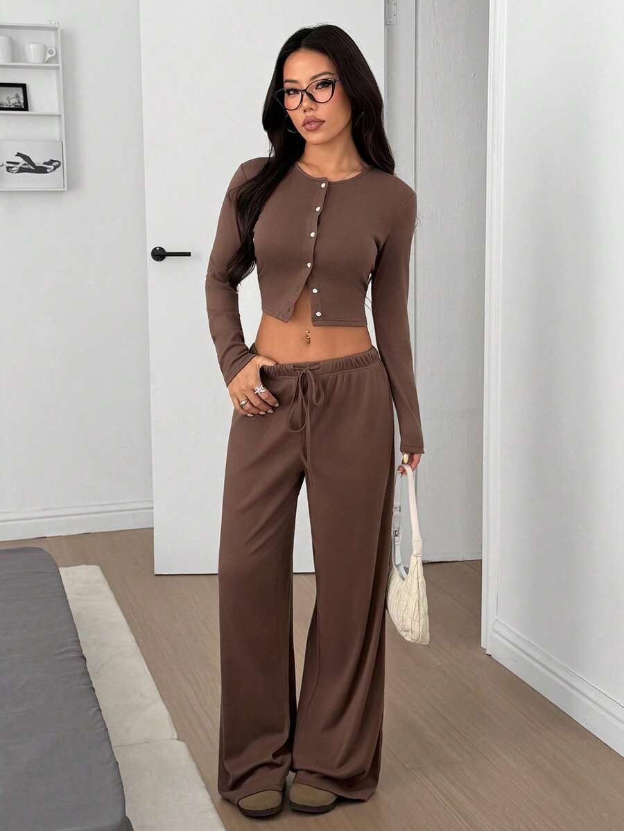 SHEIN EZwear Women's Khaki Knit Casual Long Sleeve Top And Pants Loungewear Set - Mocha Brown - View 1