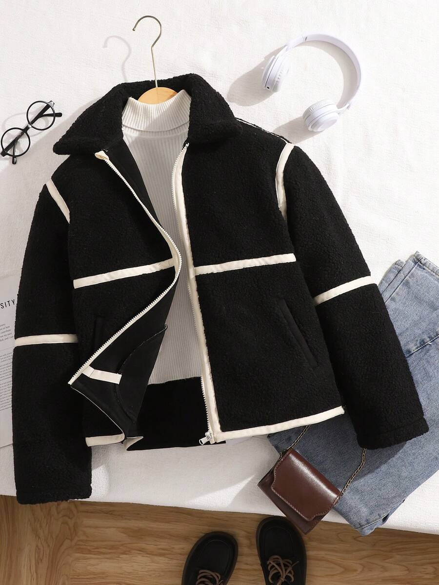 Casual Commuter Apricot Faux Fur Collar Loose Jacket For Teen GirlSuitable For Daily Commute - Black - View 1