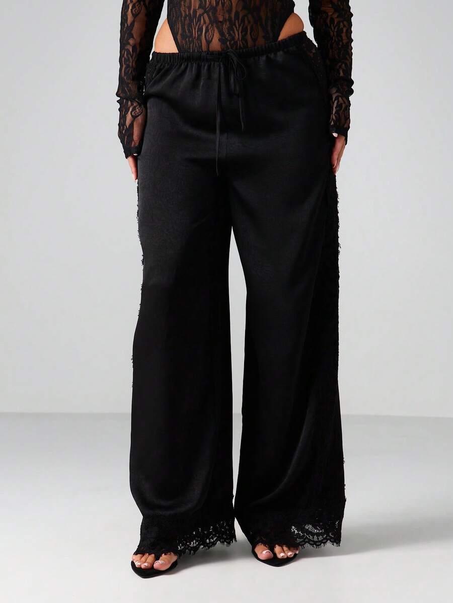 MISSGUIDED Elegante Spitzenbesatz Weite Bein Hose für Abendpartys, hochgeschnittene Palazzo Hose mit Kordelzug Detail
