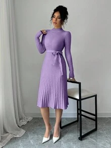 Rafferiza 女士纯色简约长袖宽松连衣裙 - 淡紫色 - 查看 3