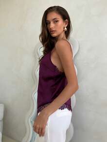 Aloruh Women's Solid Color Spaghetti Strap Loose Lace Trim Fashionable Summer Camisole Burgundy Top Deep Purple Satin Top With Lace Trim, Sexy And Feminine, Perfect For A Romantic Date Or New Year's Eve Party Burgundy Tops,Tank Top - Purple - View 7