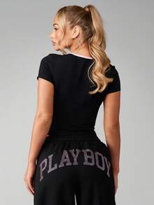 Missguided x Playboy Ribbed Short Sleeve Crew Neck Contrast Trim Bunny Logo Crop Top With Button Detail - Multicolor - View 2