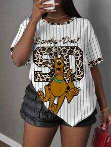 SCOOBY-DOO X SHEIN Kaos Lengan Pendek Motif Garis-Garis Patchwork Motif Leopard Ukuran Besar untuk Musim Panas - Putih - View 7