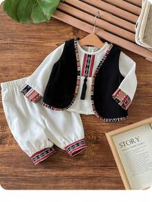 Newborn Baby Girl Cute Color Block Geometric Pattern Long Sleeve Shirt & Elastic Waist Pants Set - Black and White - View 7