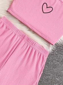 青少年女孩圆领长袖简约短夹克，带上衣和裤子套装 - 玫紅色 - 查看 4