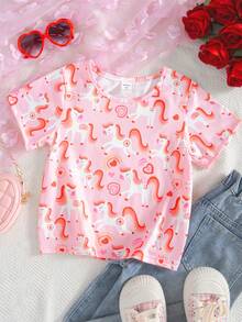 小女孩可爱爱心彩虹小马印花T恤，简约设计 - 彩色 - 查看 3