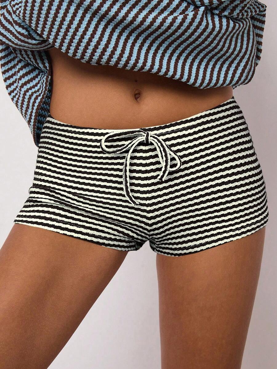 SHEIN BAE 女士时尚性感条纹系带短裤 - 黑色 - 查看 1