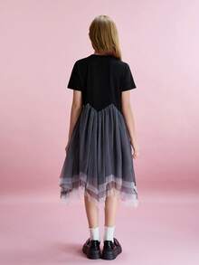 Tween Girl Heart Print Color Block Round Neck Short Sleeve Dress - Black - View 2