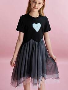 Tween Girl Heart Print Color Block Round Neck Short Sleeve Dress - Black - View 9