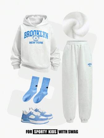 JNSQ Set de 2 piezas: Sudadera con capucha informal para adolescentes con estampado de letras divertidas y contraste de color, combinada con pantalones de chándal de corte holgado, adecuado para otoño, invierno, uso diario, actividades al aire libre, vacaciones, streetwear, fiestas y ocio