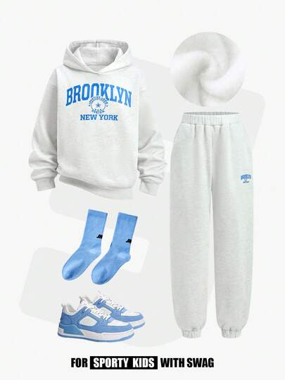 JNSQ 2 件套青少年男孩休闲连帽运动衫，带有有趣的字母印花和撞色，搭配宽松运动裤，适合秋冬日常穿着、户外活动、度假、街头服饰、派对和休闲
