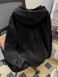 Manfinity Joysei Black Casual Minimalist Washed Effect Loose Hoodie, Decorated With "So What" Letter Patch, Suitable For Summer Wear, Can Be A Gift For Friends - Black - View 2