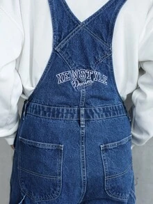 Manfinity Hypemode 男士休闲多口袋胸部护具牛仔背带裤，街头风 - 中等水洗藍 - 查看 3