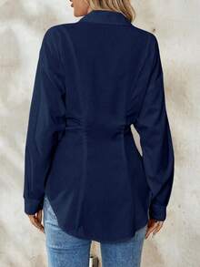 Chiquease 女士休闲、商务、通勤弧形下摆宽松长袖衬衫，纯色，百搭，春秋季 - 寶藍色 - 查看 2