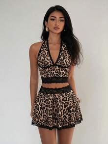 Zestiva Women's Summer Beach Leopard Print Contrast Lace Halter Low Waist Shorts & Cover Up 2 Piece Set - Multicolor - View 4
