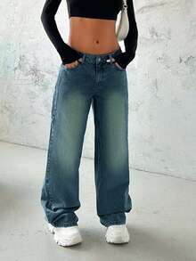 EURMUSE Women's Solid Color Low Rise Loose Fit Y2K Style Jeans - Medium Wash - View 4