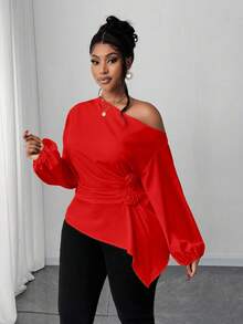 Maweii Plus Size Solid Color Elegant Ruched Rose Shoulder Casual Blouse - Red - View 3